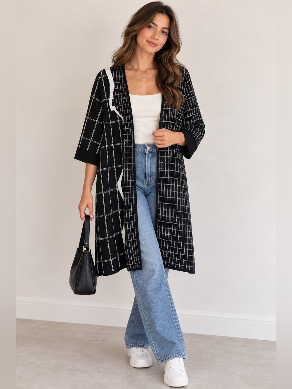 Alfani Black & White Plaid Open-Front Cardigan – Size L